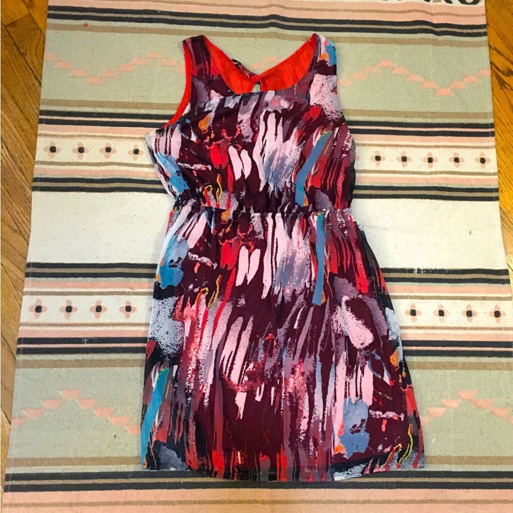 Ya Los Angeles medium mini dress open back elastic waist orange blue watercolor